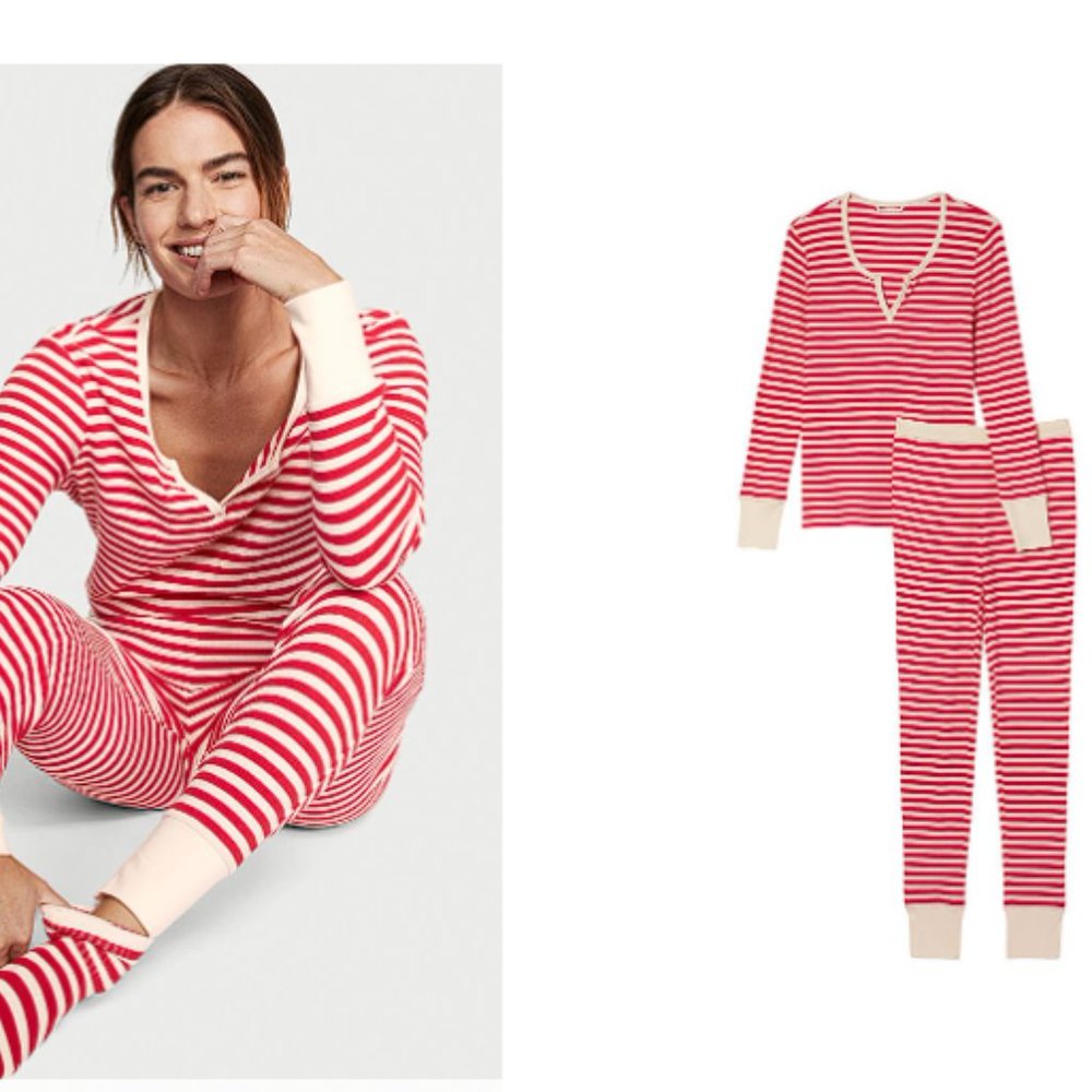 Candy Cane PJs Victoria's Secret XL Thermal Long Pajama Set Adorable NWT - Picture 14 of 14